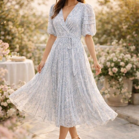 Maison Tara Dresses & Skirts - Maison Tara Blue White Toile Midi Dress NWT 10 Puff Sleeve Wedding Cottagecore
